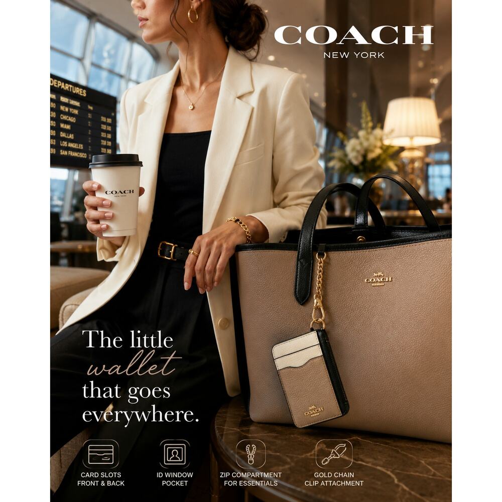 Coach Mini Zip Wallet Card ID Holder Gold Chain Clip Pouch Colorblock Leather